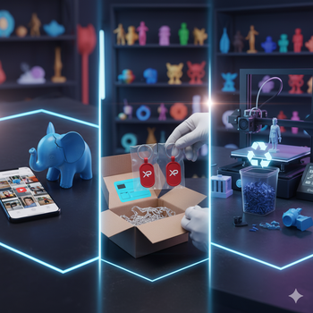 Three-panel 3D printer workspace with toy models, a boxed prototype, and a glowing printer setup