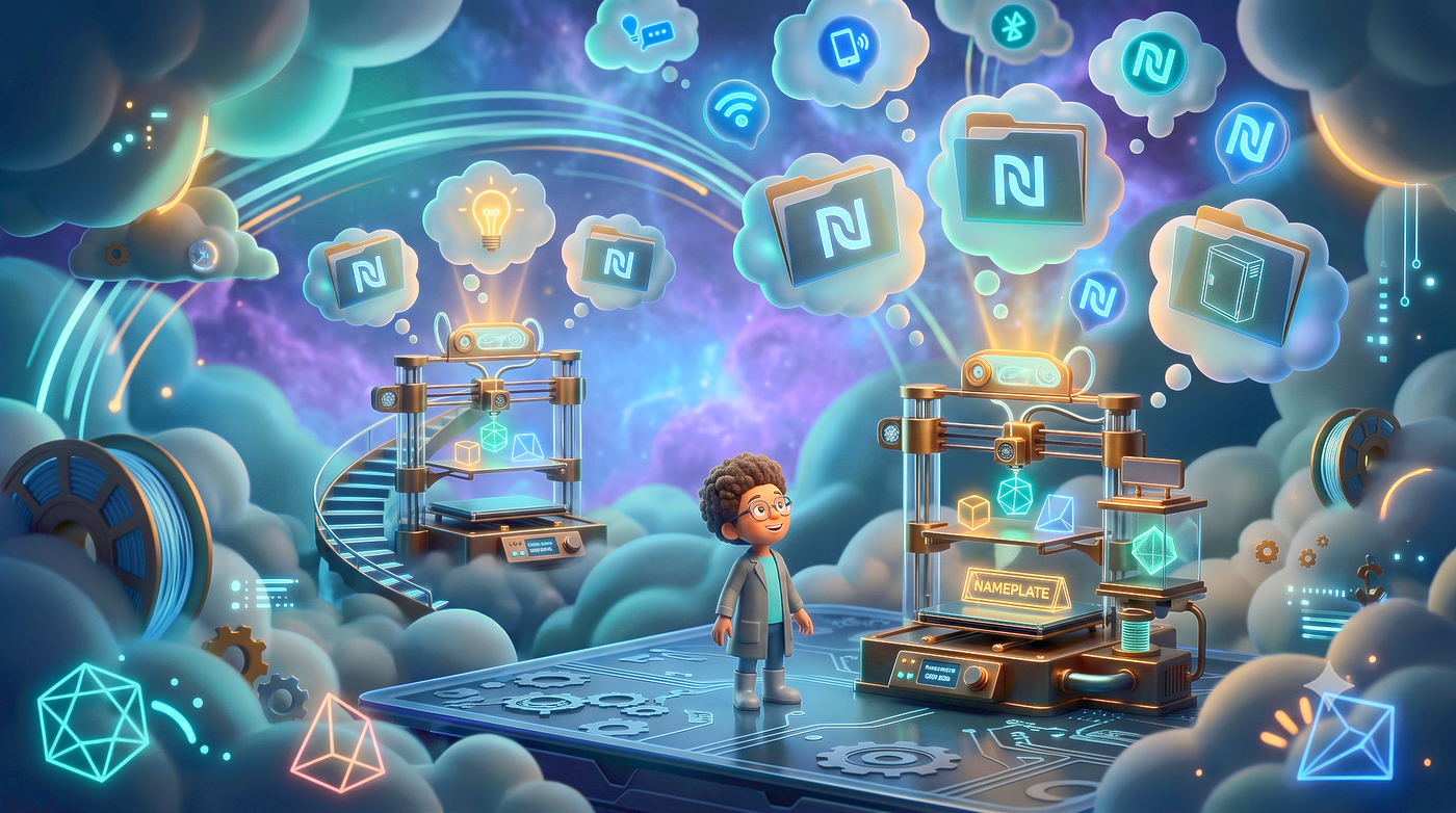 Futuristic blue cloudscape with a person on a platform beside glowing digital servers and floating icons