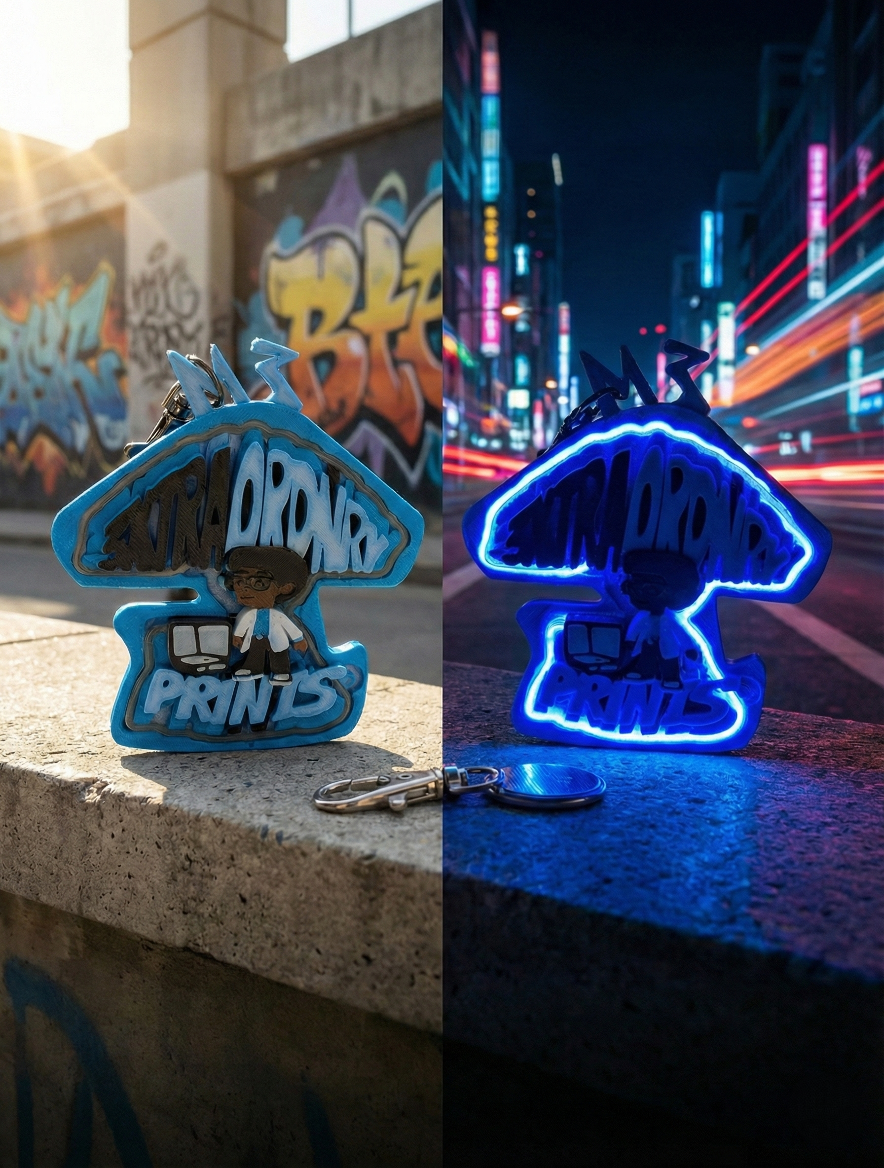 Blue glowing mushroom graffiti figures on a city ledge, with neon-lit street art in the background