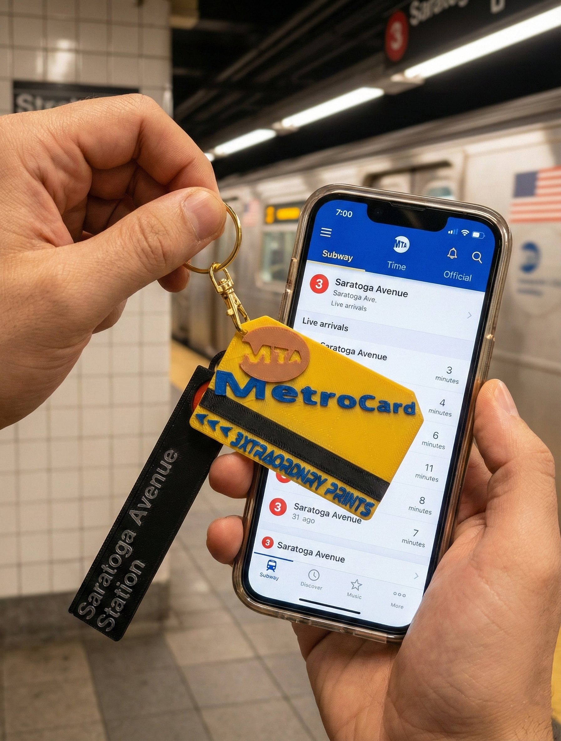 Hands holding a MetroCard keychain in front of a smartphone displaying the MTA app in a subway station