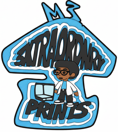 Cartoon logo with a blue cloud outline, stylized black text, and a small character standing by a printer