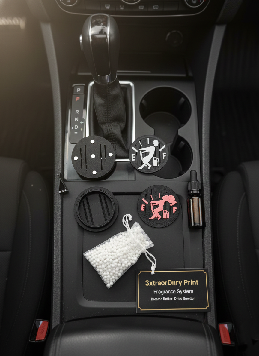 Car center console with gear shift, cup holders, and four round control buttons on a mat