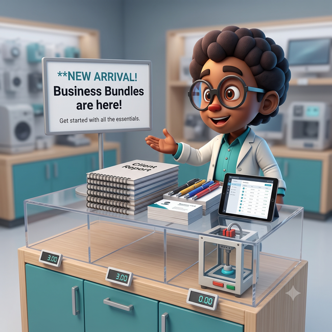 Cartoon store display with “New Arrival” sign, bundles, and a smiling staffer behind a counter