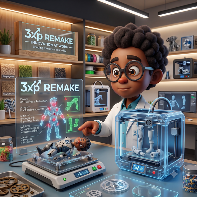 3D remake studio with a childlike cartoon inventor, holographic robots, and glowing tech models