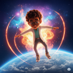 Cartoon character floating above Earth in space, surrounded by glowing orange and blue energy