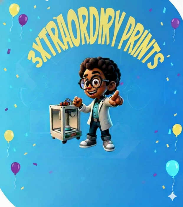 Cartoon artist beside a 3D printer, with “3XTRAORDINARY PRINTS” arched above on a blue confetti background