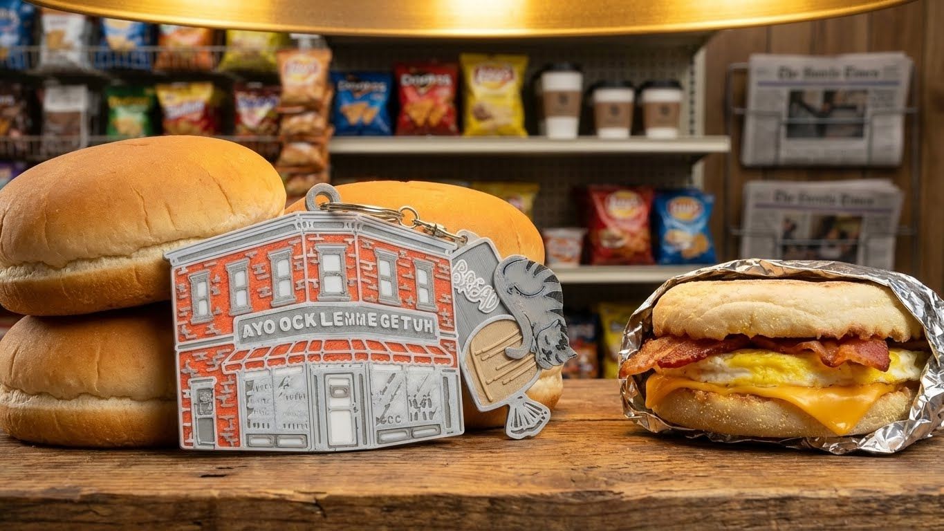 Burgers on a rustic table beside a branded carton, with stacked buns and condiments in the background
