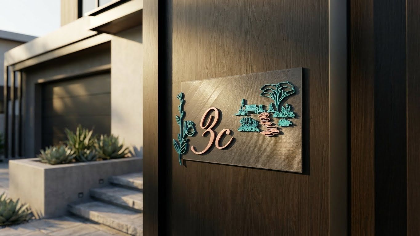 Dark gray wall with a metal “2c” plaque beside a wooden door and potted plant.