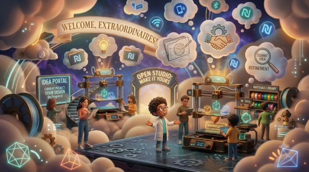 Futuristic convention booth with “Welcome, Explorianes” sign, people browsing displays, and glowing cloud-like decor