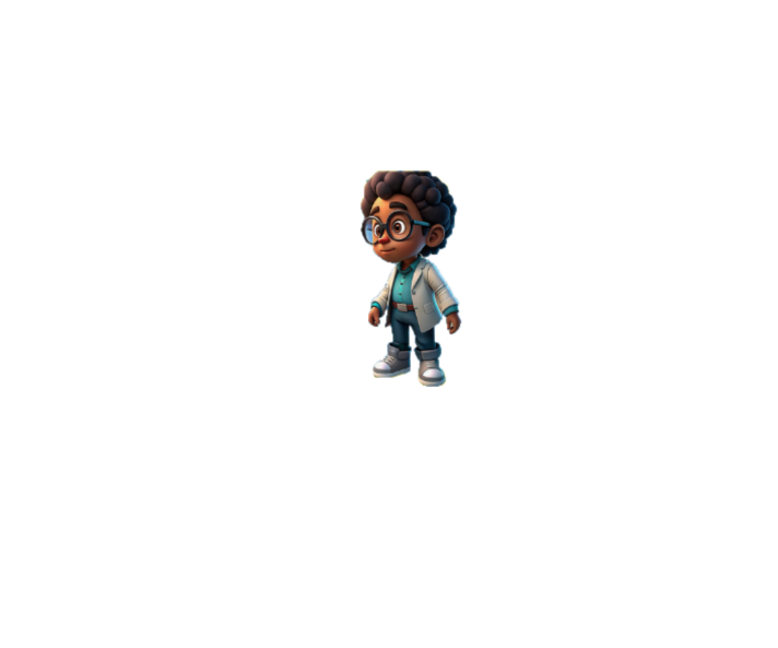 Cartoon scientist character in a white lab coat, standing against a plain white background.