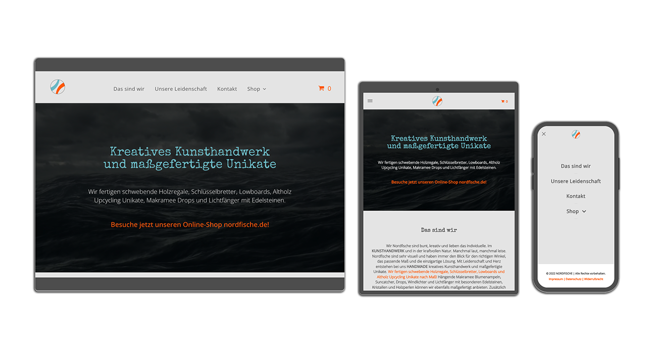 Projekt nordfische.de Projekt nordfische.de der XY110 Internetagentur in drei unterschiedlichen Varianten für Desktop, Tablet und Smartphone.