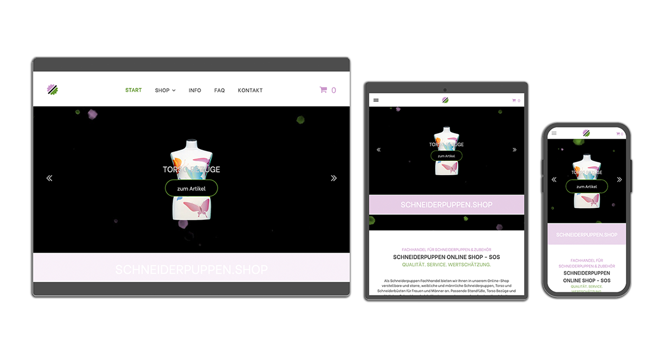 Projekt schneiderpuppen.shop Projekt schneiderpuppen.shop der XY110 Internetagentur in drei unterschiedlichen Varianten für Desktop, Tablet und Smartphone.