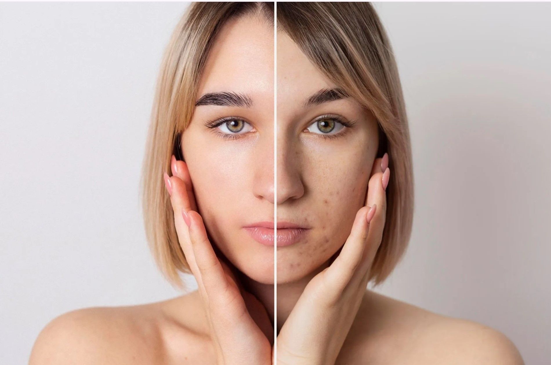 Split-face portrait with one half made up and one half natural, hands framing the face on a light background