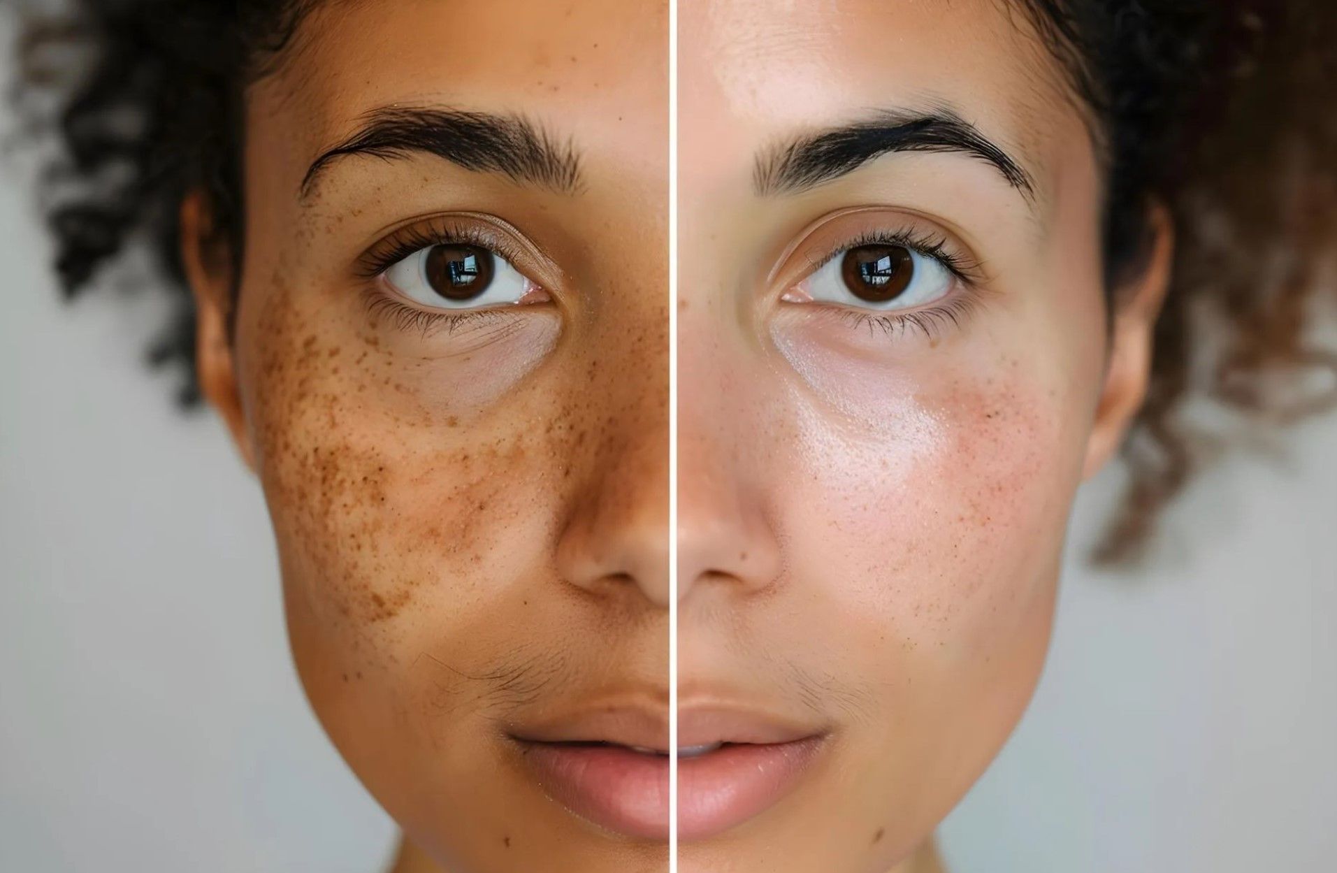 Split-face close-up showing skin with freckles on one side and clearer skin on the other