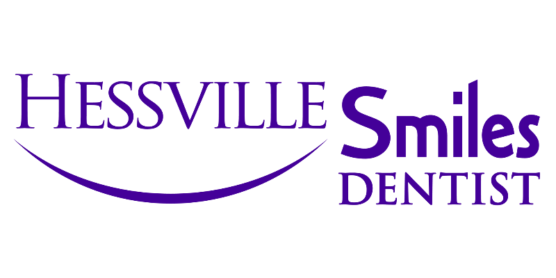 The logo for hessville smiles dentist has a purple smile on it.