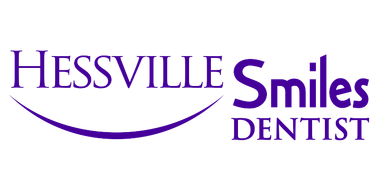 The logo for hessville smiles dentist has a purple smile on it.