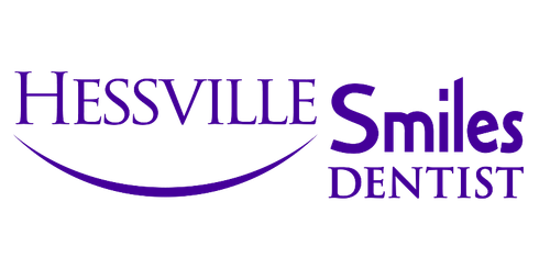The logo for hessville smiles dentist has a purple smile on it.