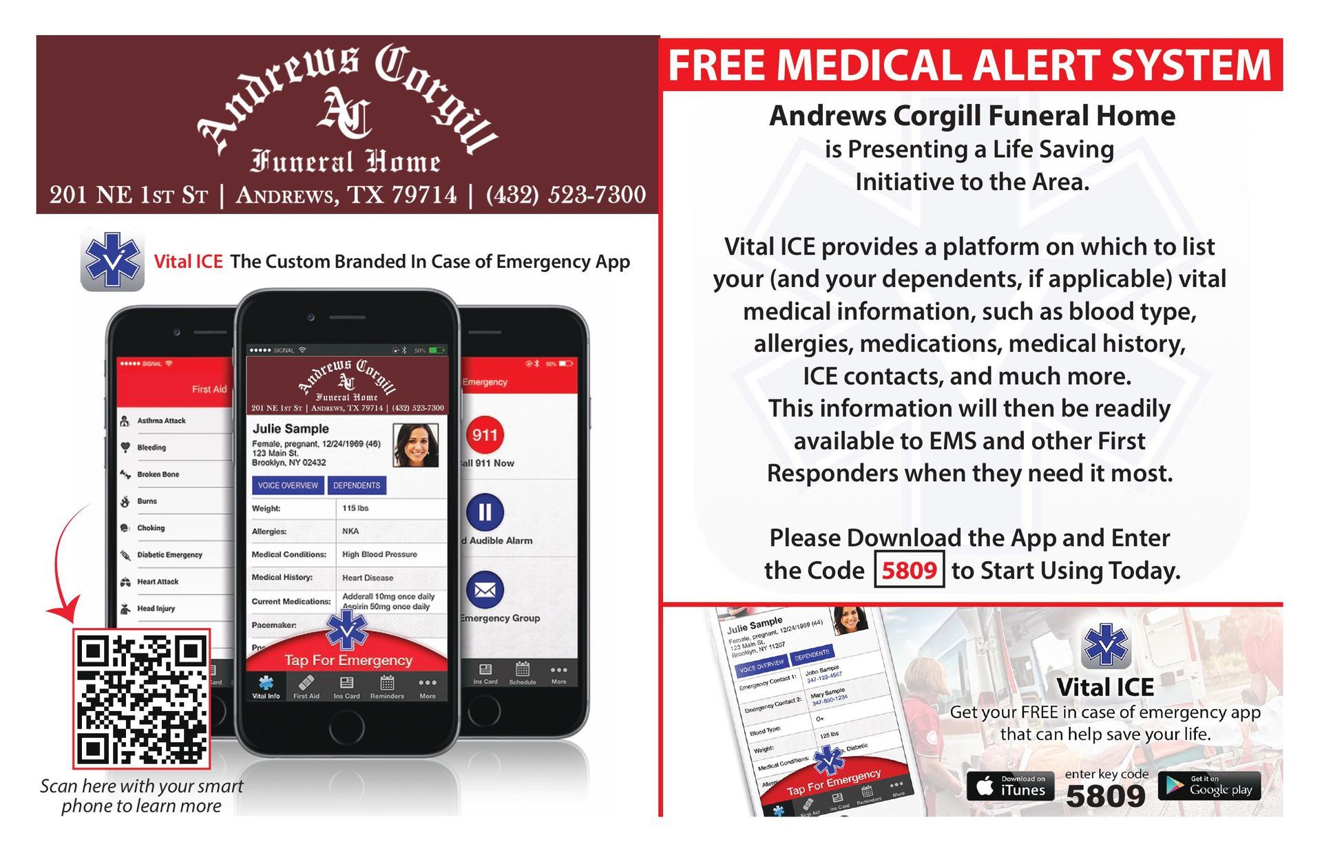 Andrews County free medical alert system ad with phone app screenshots and emergency responder badge