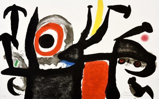 Abstract painting with black shapes, red accents, and a yellow stripe on a white background.
