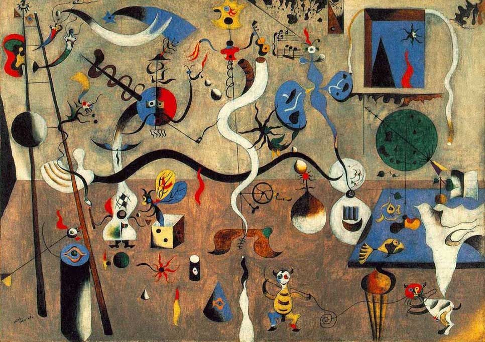 Abstract painting with whimsical shapes, figures, and a muted color palette, featuring blue, red, and yellow elements.