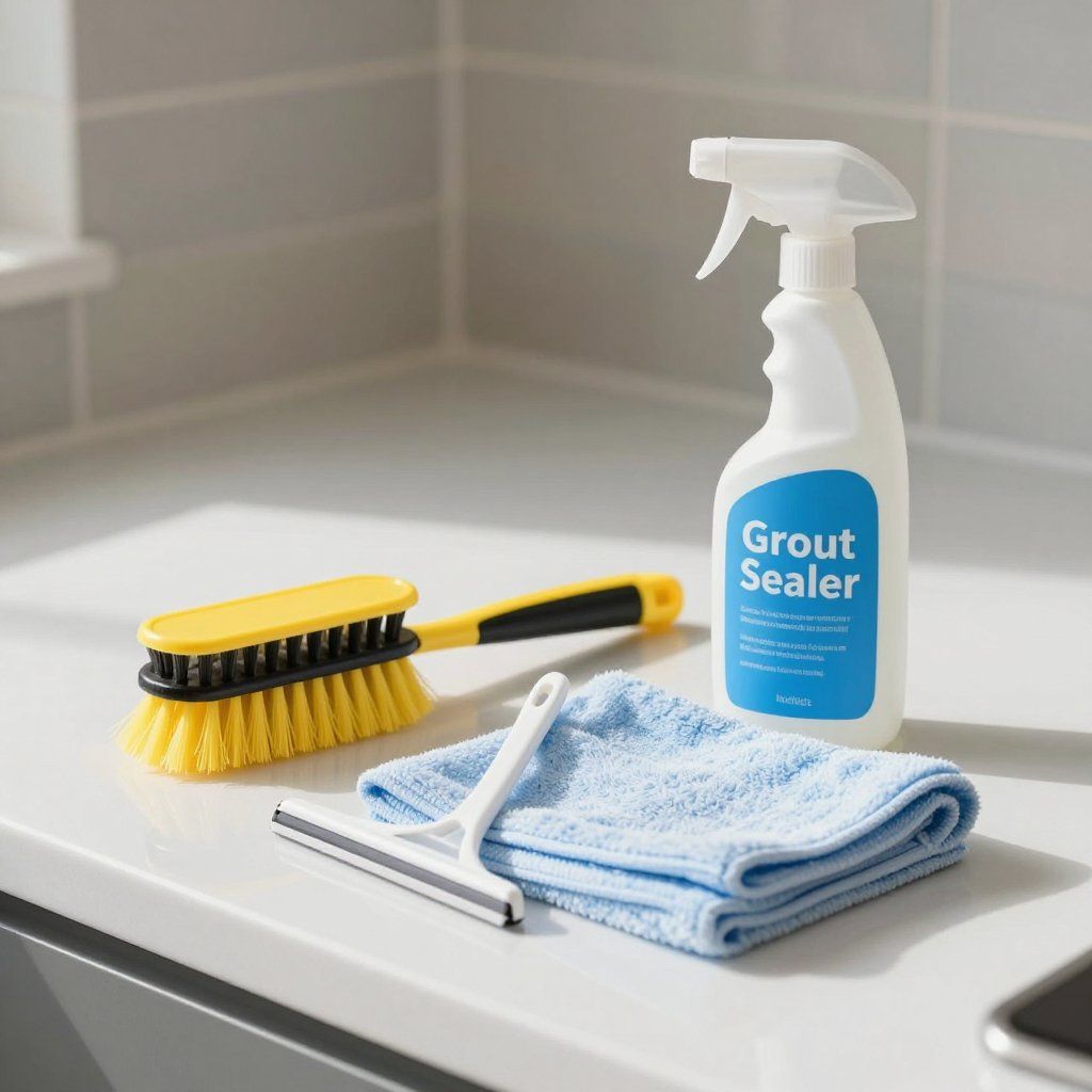 Cleaning supplies on a countertop: grout sealer, scrub brush, squeegee, and microfiber cloth.