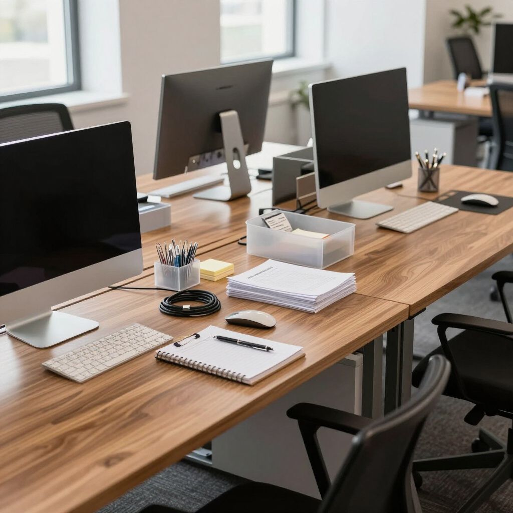 Office workstations with computer monitors, keyboards, and office supplies on a wooden desk.