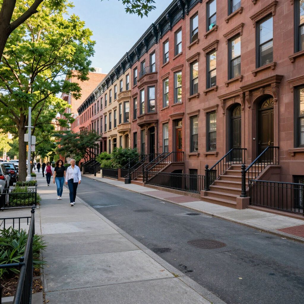 Row of brownstone buildings on a city street; people walk on the sidewalk.