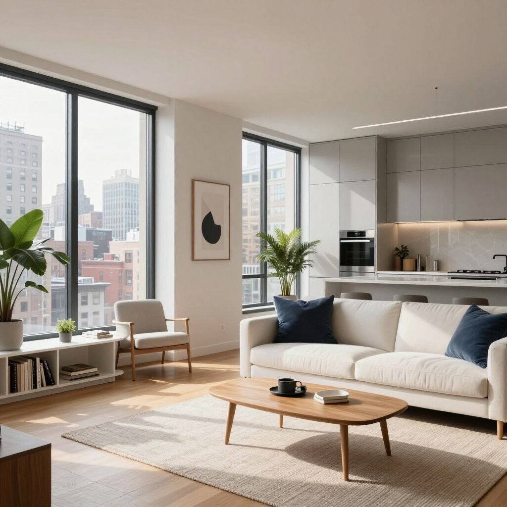 Modern living room with city view, sofa, wood table, and open kitchen.