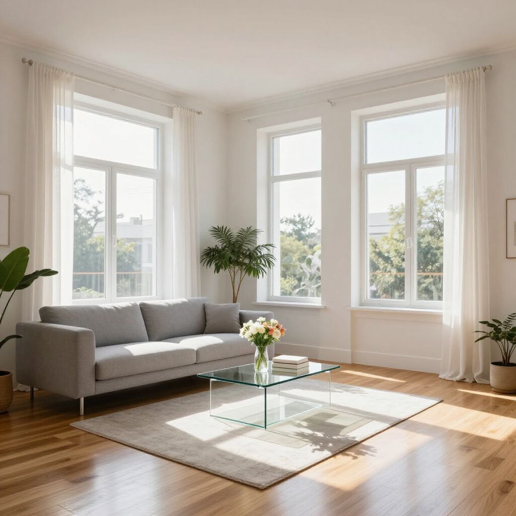 Living room with gray sofa, glass coffee table, and large windows with sheer white curtains.