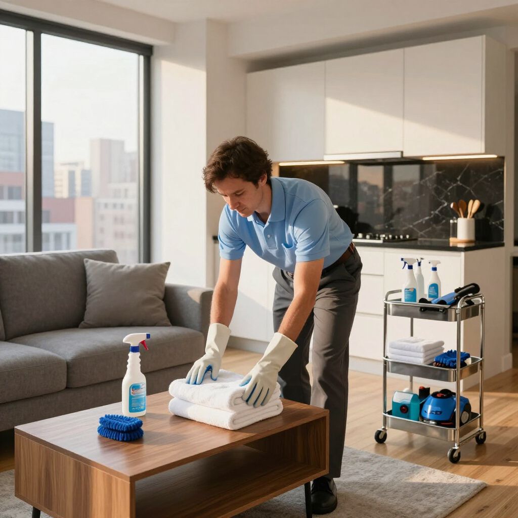 Man in gloves folding towels on a coffee table in a modern apartment. Cleaning supplies on a rolling cart.