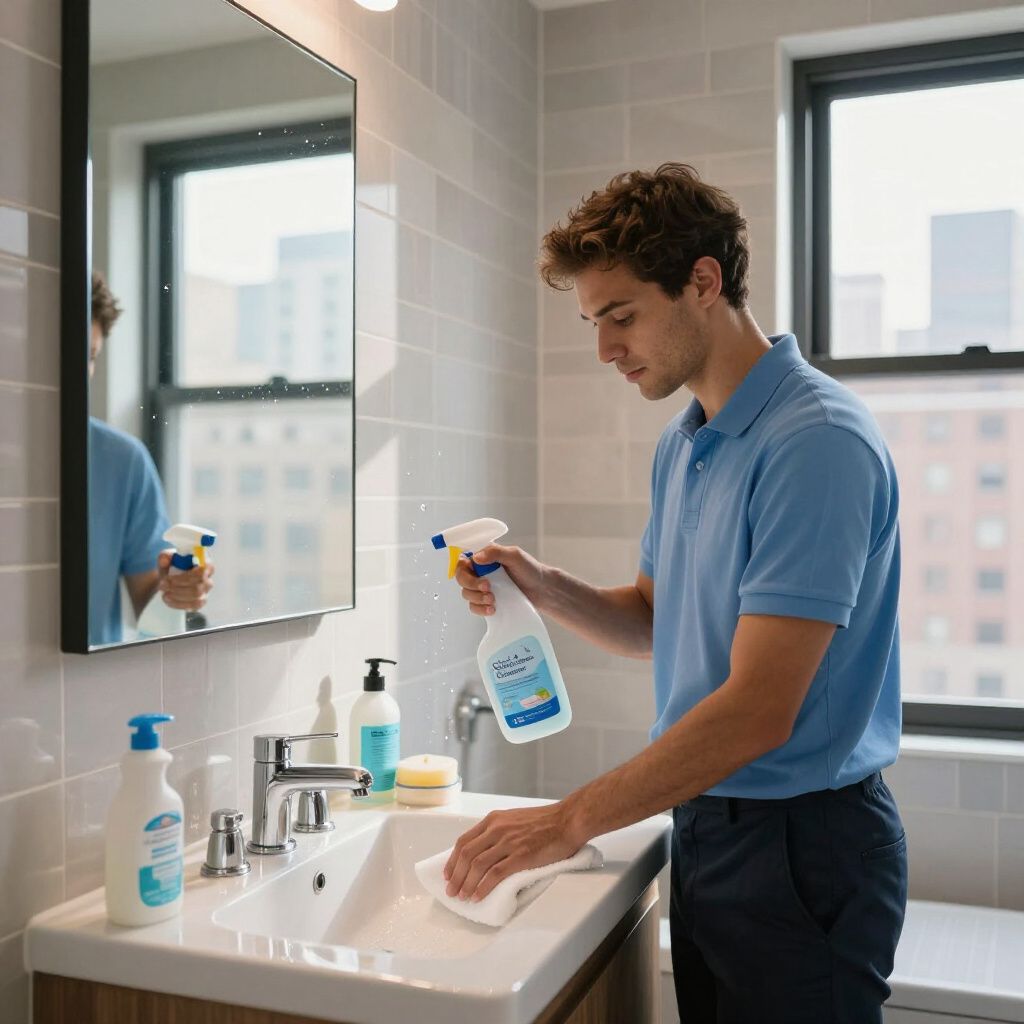 Man spraying cleaner on sink in a bathroom, wiping with a cloth.