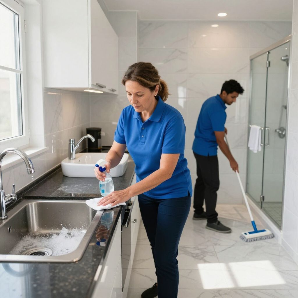 Two people cleaning a modern bathroom. One sprays cleaner, the other mops the floor.