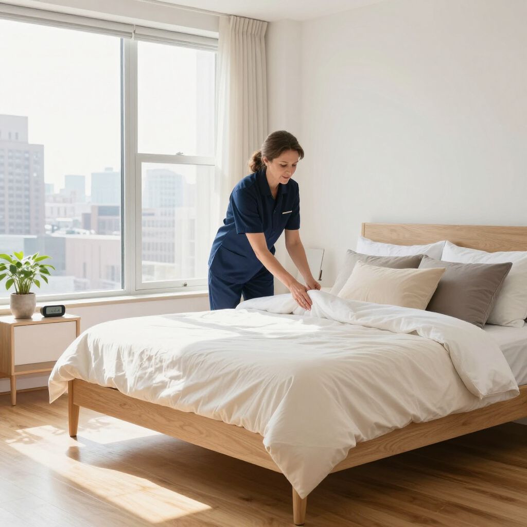 Woman making a bed in a bright bedroom with city view.
