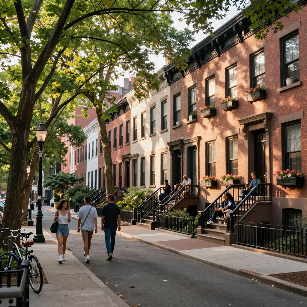 Street lined with brick townhouses; people walk, sit, and a bicycle rests.