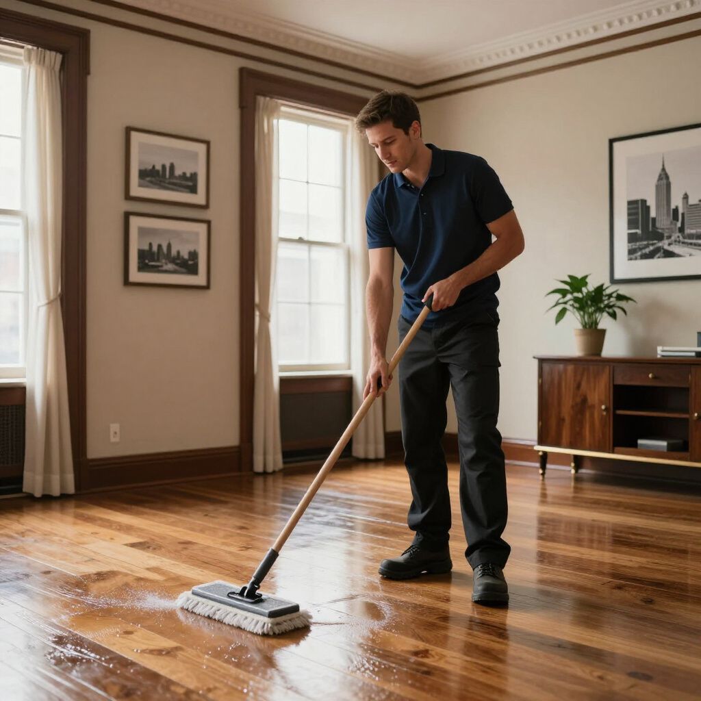 Man mopping a hardwood floor in a well-lit room with windows and artwork.