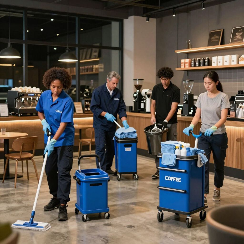 Four people cleaning a coffee shop with cleaning supplies. They use mops, carts, and buckets.