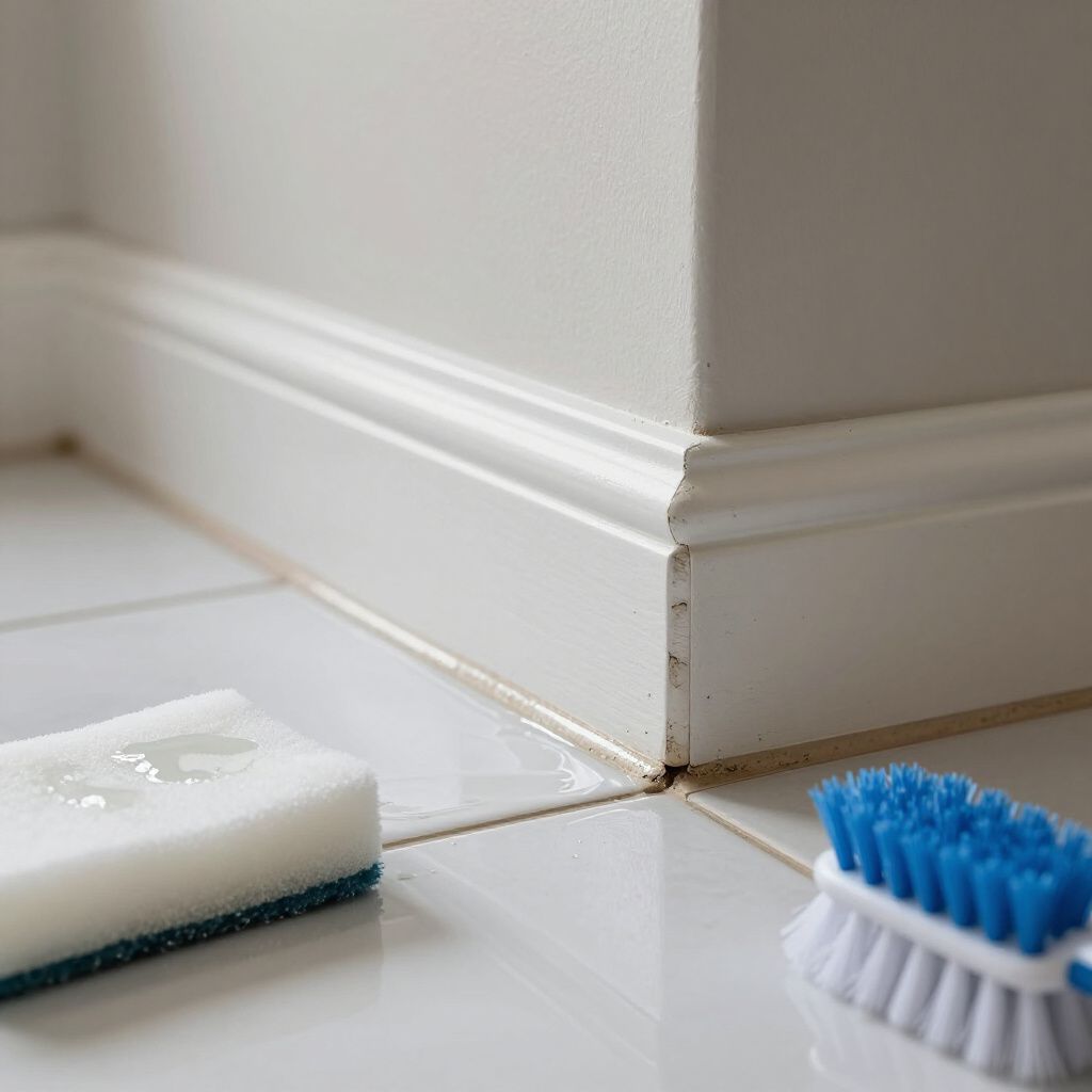 Corner of white tiled floor and white wall with baseboard; sponge and scrub brush in frame.