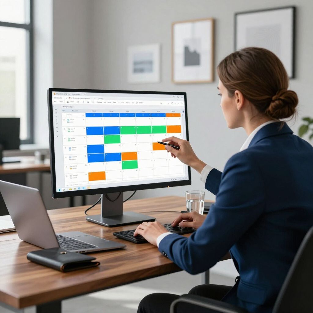 Woman in blue blazer, pointing at a computer screen showing a schedule, sitting at a desk with a laptop.