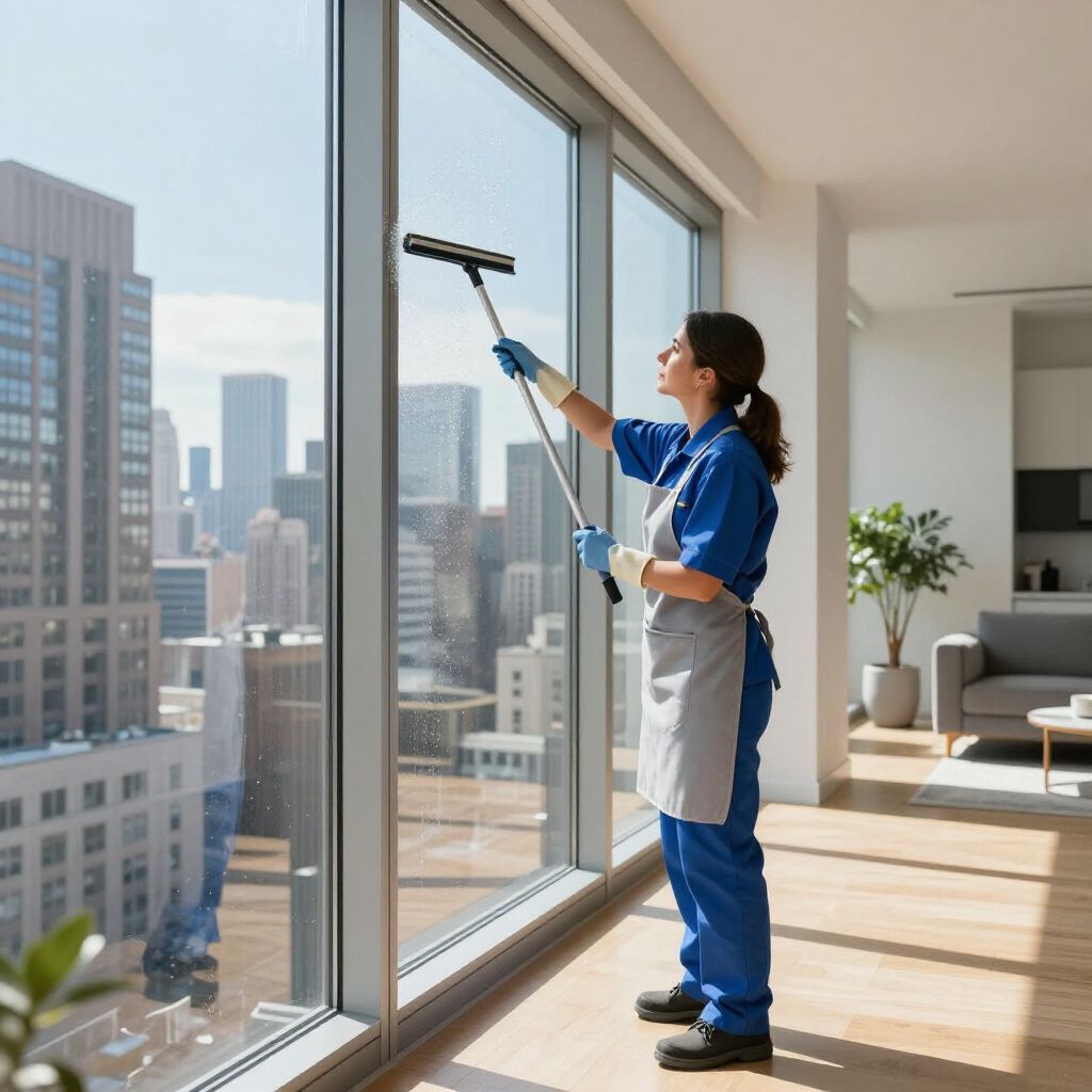 A person in blue cleaning uniform uses a squeegee to clean a large window in a high-rise building.