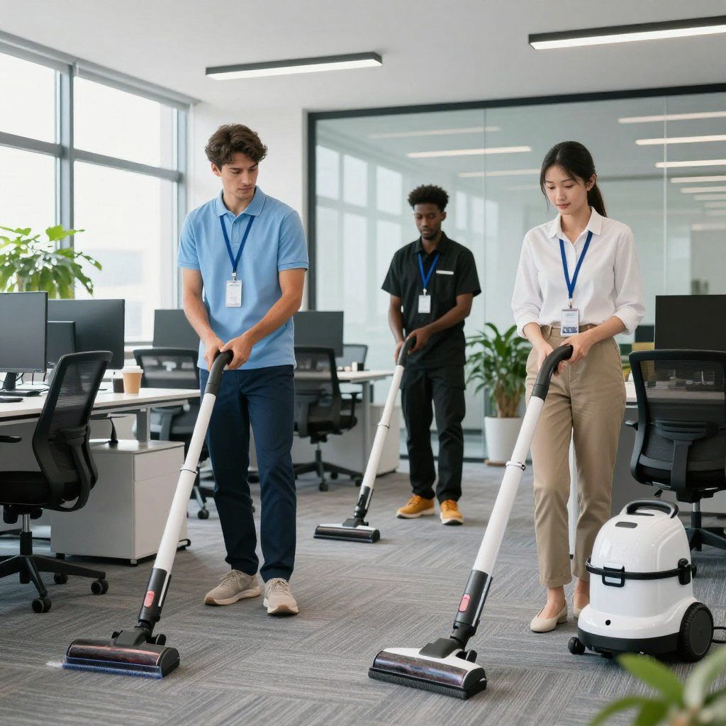Three people vacuuming carpet in an office. Two use handheld vacuums, one has a canister vacuum.