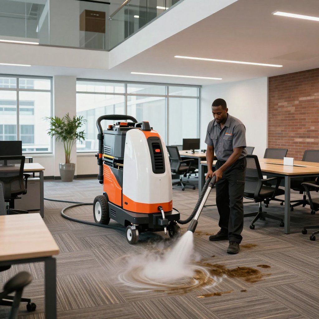 Man using a carpet cleaner in an office. A large machine sprays water onto the carpet.