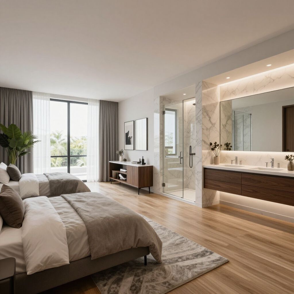A modern bedroom with two beds, a bathroom with a marble shower, and wooden floors.