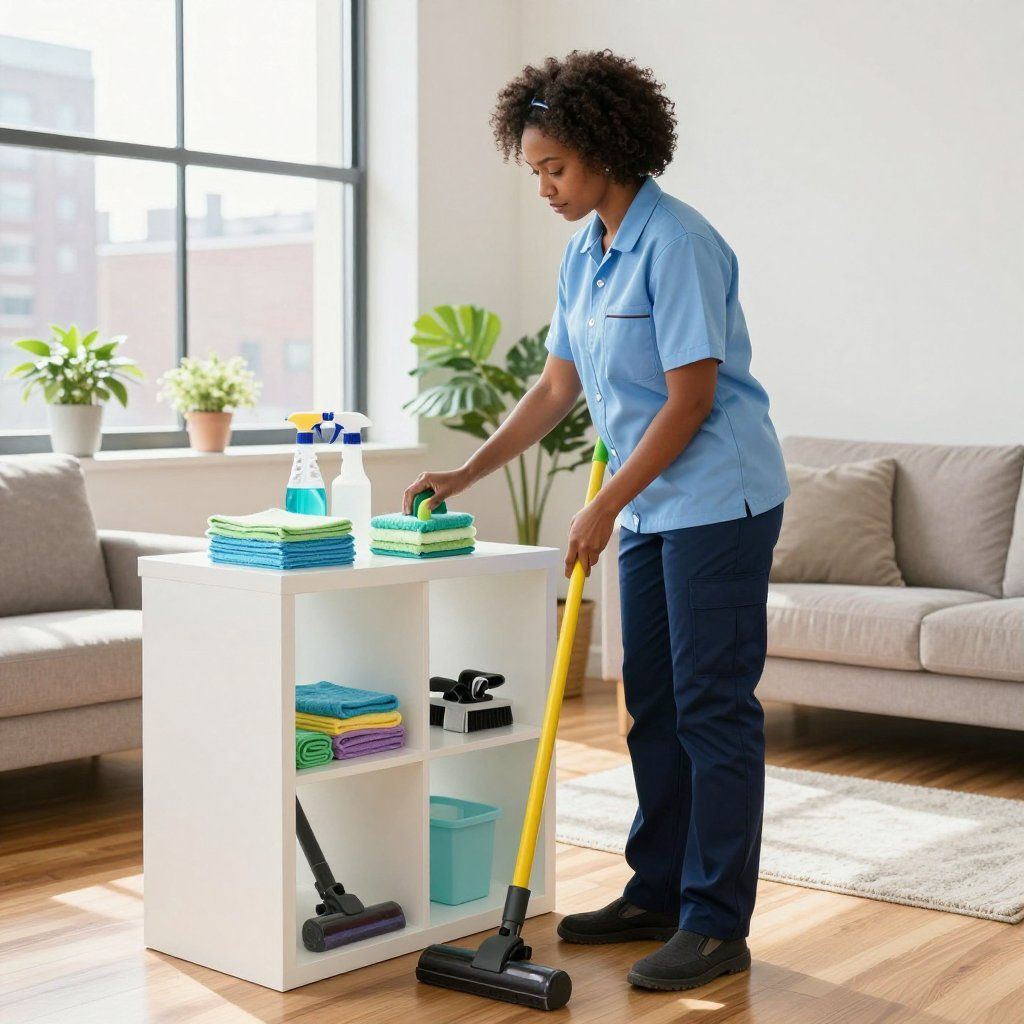 Person in blue uniform cleaning a room with a mop, cleaning supplies on a white shelf.
