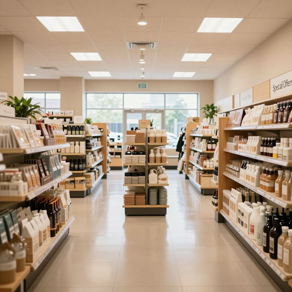 Brightly lit store interior with shelves of products, a neutral palette, and an exit door.