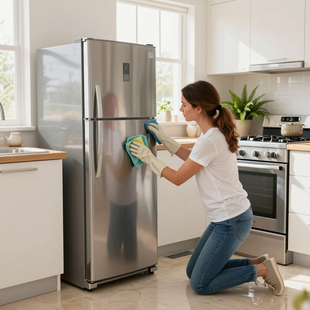 Woman cleaning a stainless steel refrigerator in a kitchen, wearing gloves and kneeling.