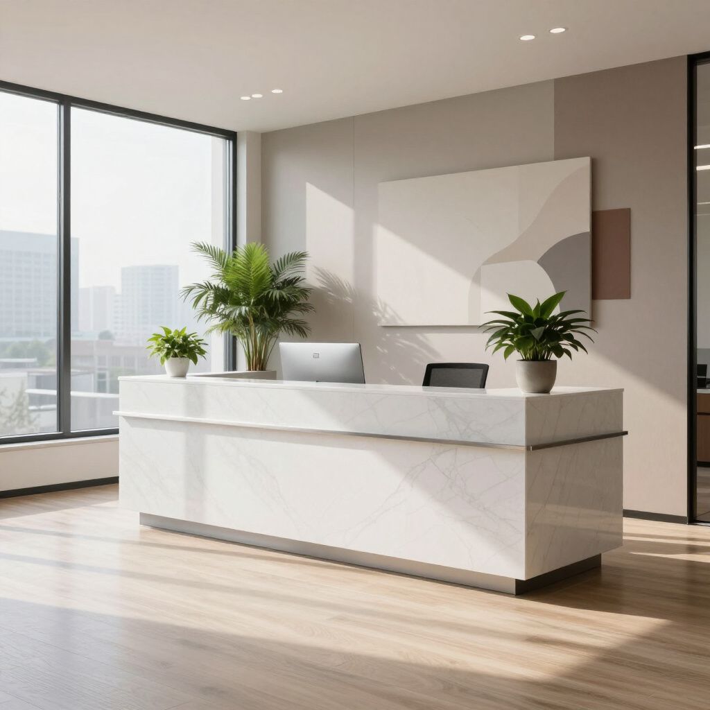 Modern white marble reception desk in a well-lit office, with indoor plants, and a large window.
