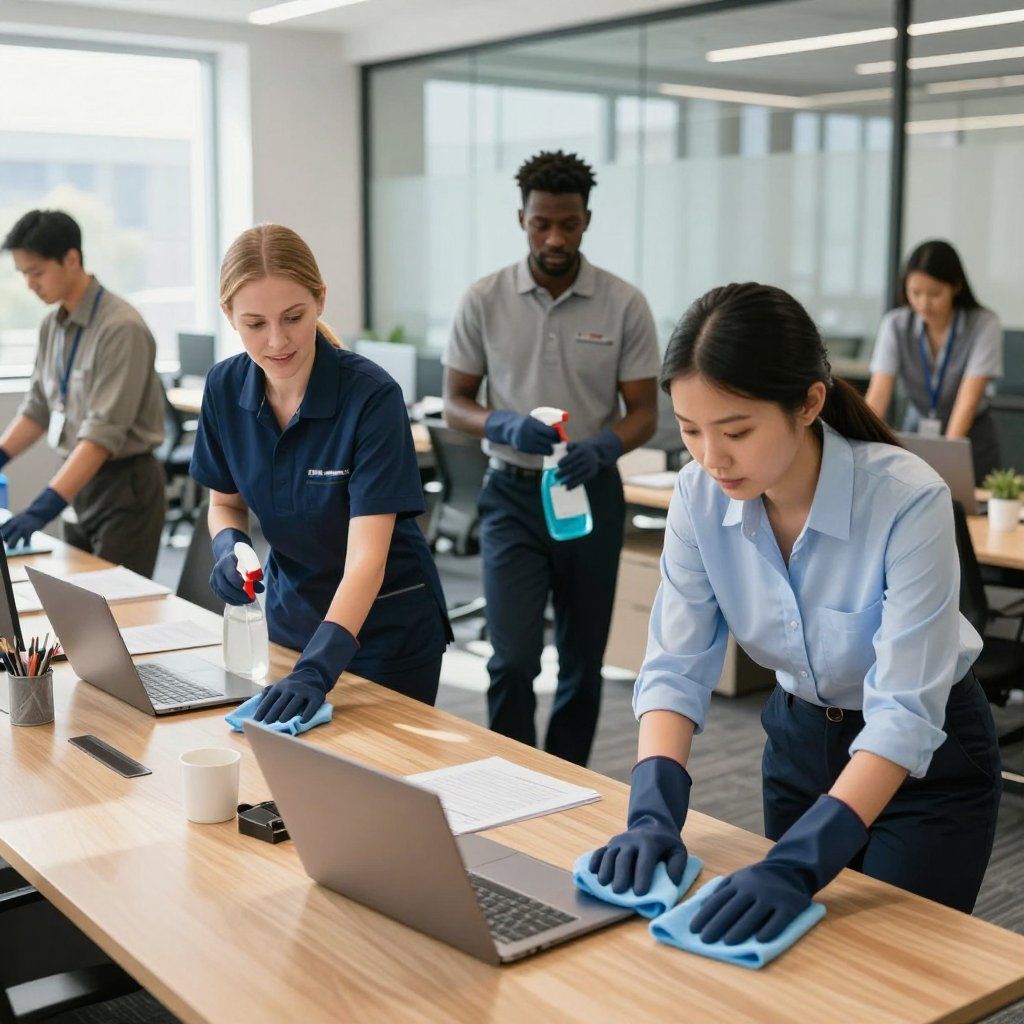 Office cleaners wiping desks, using spray bottles and cloths.