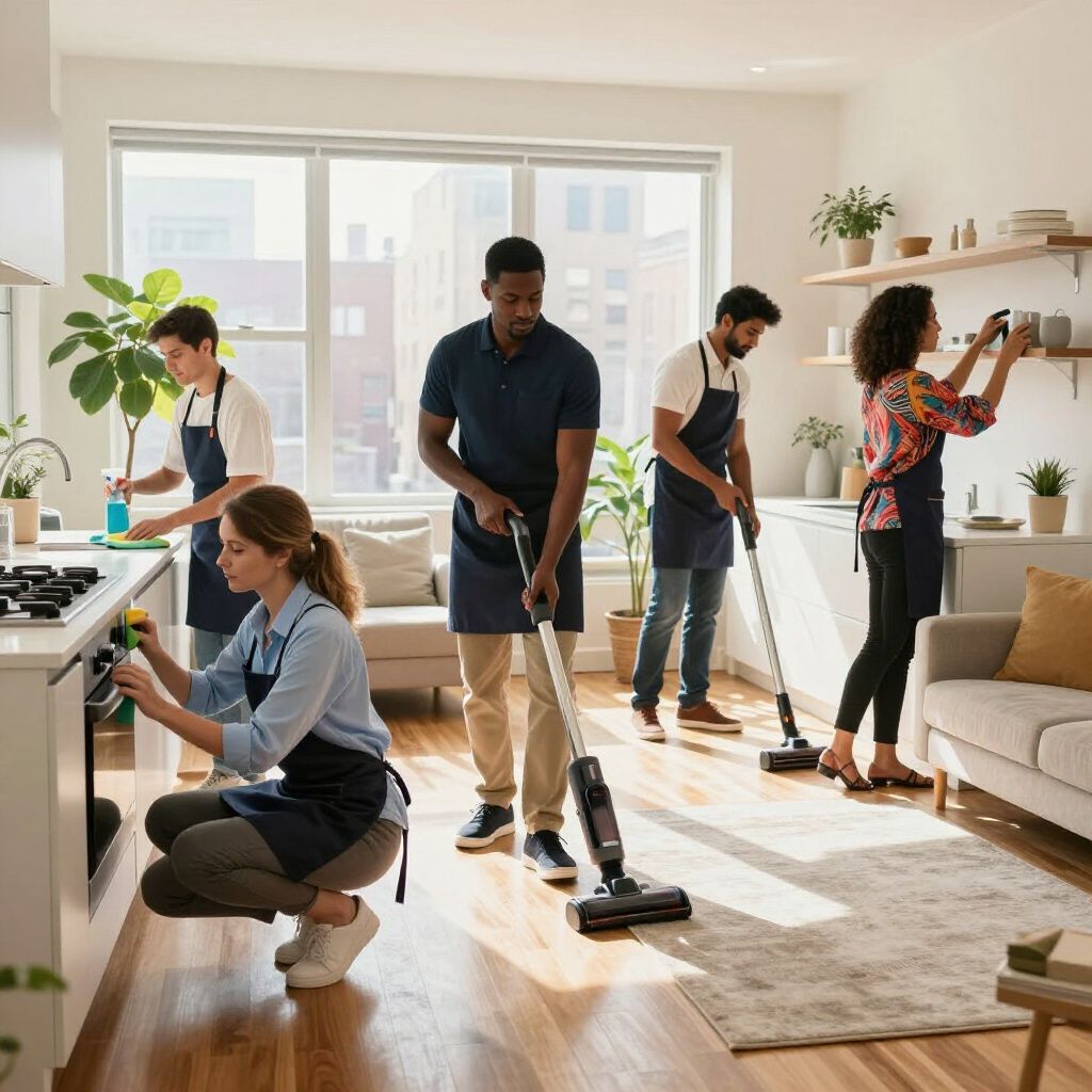 People cleaning a kitchen: vacuuming, wiping, dusting, and spraying surfaces. Bright, sunny room.