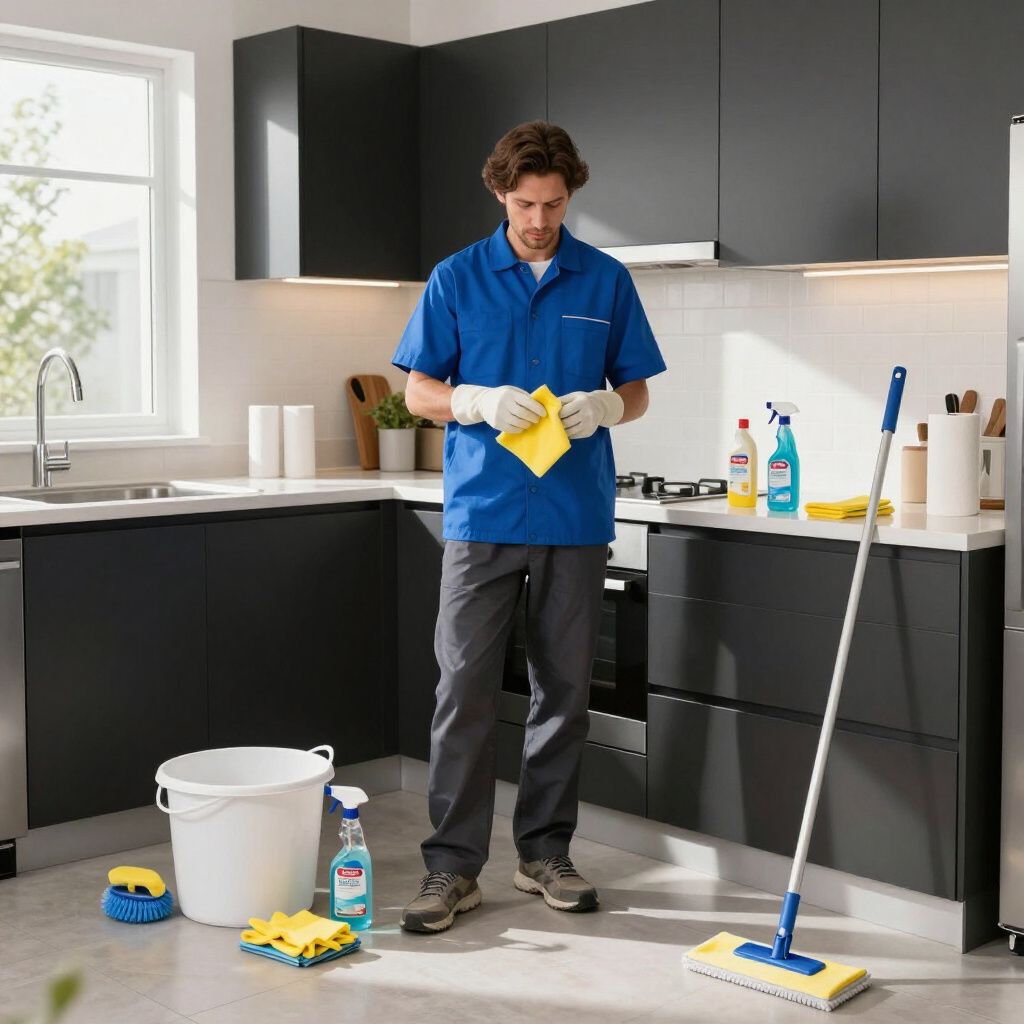 Man in blue shirt and gloves cleans kitchen, holding a yellow cloth, surrounded by cleaning supplies.