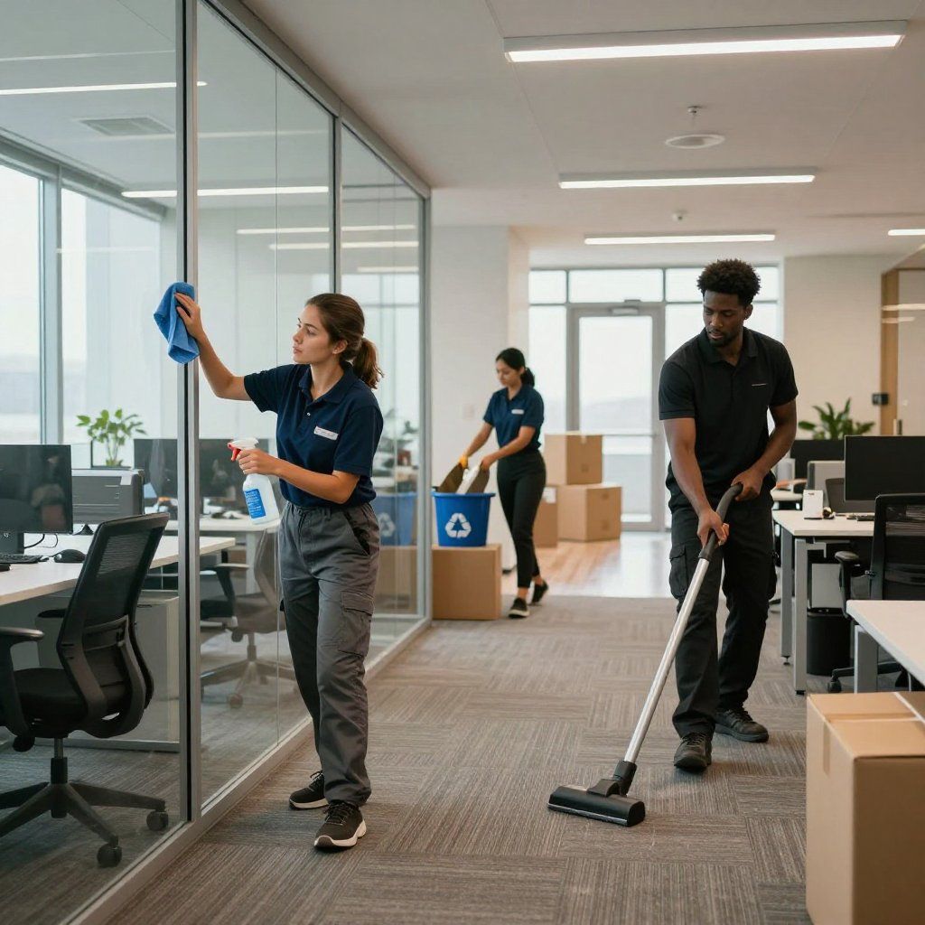 Three people cleaning an office: wiping glass, emptying trash, and vacuuming.